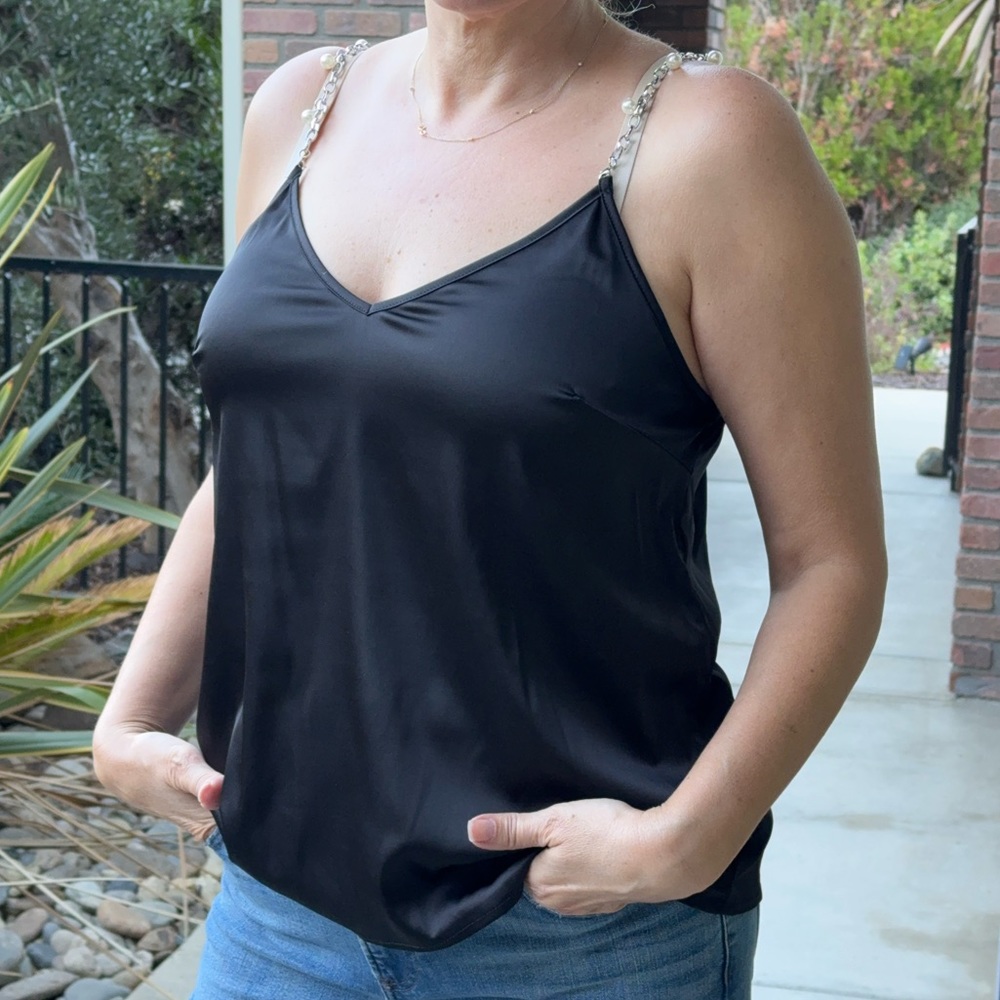 Black satin tank with pearl details